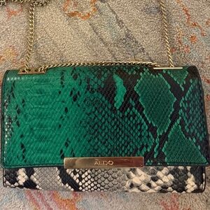 ALDO Envelope Snakeskin Purse Green Black with Gold Chain